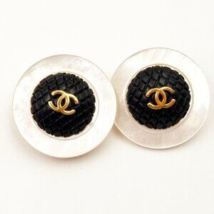 Chanel Vintage Gold Plated CC Black Quilt Mother of Pearl XL Clip on Earrings